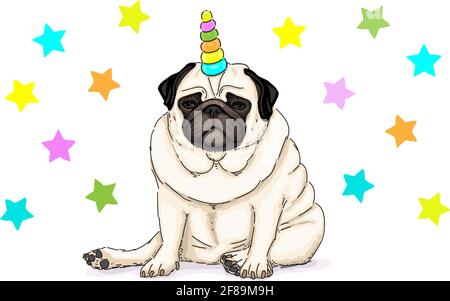 divertente vettore mano disegnata illustrazione di unicorno pug cane seduto, con stelle Illustrazione Vettoriale
