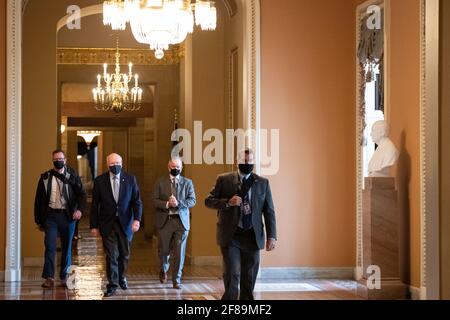 Washington, Stati Uniti. 07 aprile 2021. Il senatore Patrick Leahy (D-VT) al Campidoglio degli Stati Uniti, a Washington, DC, lunedì 12 aprile, 2021. Dopo una pausa di una settimana, il Senato degli Stati Uniti tornò a prendere in considerazione più le nomine del governo del presidente Biden e trilioni di dollari di ulteriori misure di soccorso per il coronavirus proposte dall'amministrazione. (Graeme Sloan/Sipa USA) Credit: Sipa USA/Alamy Live News Foto Stock