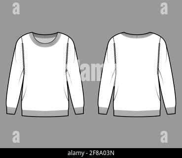 Maglione illustrazione tecnica di moda con collo rotondo, maniche lunghe, vestibilità regolare, lunghezza delle dita, rifiniture a coste. Ponticello piatto davanti, dietro, colore bianco. Donne, uomini unisex CAD mockup Illustrazione Vettoriale