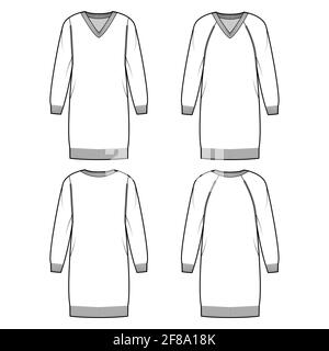 Set di pullover con collo a V illustrazione tecnica della moda con maniche lunghe a raglan, relax fit, lunghezza del ginocchio, rifinitura a coste in maglia. Ponticello piatto davanti, dietro, colore bianco. Donne, uomini unisex CAD mockup Illustrazione Vettoriale