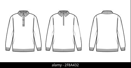 Set di pullover Polo zip-up illustrazione tecnica di moda con collo henley a costine, colletto classico, maniche lunghe, oversize, rifiniture in maglia. Capi di vestiario piatti anteriori, posteriori, colore bianco. Donne, uomini unisex CAD mockup Illustrazione Vettoriale