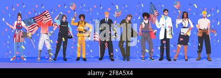 Mix di persone di razza di diverse occupazioni che detengono USA bandiere di lavoro concetto di celebrazione del giorno Illustrazione Vettoriale