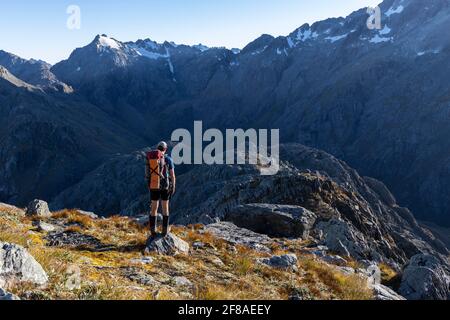 Escursionista nelle Alpi del Sud, Nuova Zelanda Foto Stock