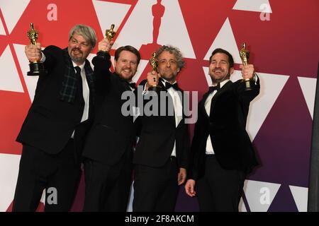 Vincitore effetti visivi primo uomo Paul Lambert Ian Hunter Tristan Myles JD Schwalm nella Sala Stampa durante il 91esimo Premio annuale dell'Accademia, Oscar, tenuto al Dolby Theatre di Hollywood, California, Domenica 24 Febbraio 2019 Foto di Jennifer Graylock-Graylock.com 917-519-7666 Foto Stock