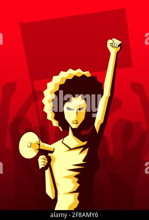 Donna arrabbiata con capelli afro e altoparlante la sollevò pugno con folla di persone con bandiera e mani sollevate in aria sullo sfondo Illustrazione Vettoriale