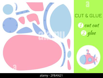 Tagliare e incollare carta cartoni animati rosa sottomarino. Taglia e incolla la pagina di attività di artigianato. Gioco educativo per bambini in età prescolare. Foglio di lavoro fai da te. Gioco di logica per bambini, Illustrazione Vettoriale