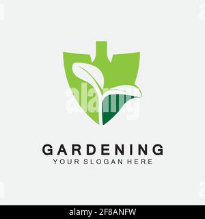 Logo di giardinaggio con icona pala e albero con logo foglie verdi modello. Illustrazione Vettoriale
