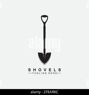 Icona della pala logo illustrazione vettoriale design.Black icona Shovel logo isolato su sfondo bianco. Silhouette della pala. Attrezzo di giardinaggio. Strumento per l'orticolo Illustrazione Vettoriale