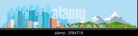Paesaggio con edifici, montagne Illustrazione Vettoriale