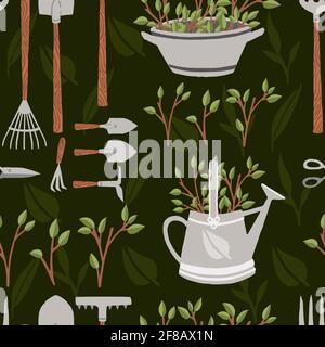 Raccolta di modelli senza giunture di articoli per il giardinaggio vari attrezzi di giardinaggio illustrazione vettoriale su sfondo verde Illustrazione Vettoriale