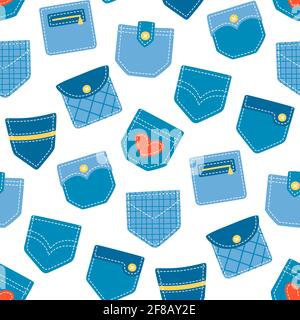 Motivo senza cuciture con tasche in denim trafilate a mano. Illustrazione vettoriale cartoon Illustrazione Vettoriale