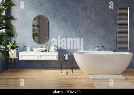 Moderno design degli interni del bagno su pareti di colore blu scuro, rendering 3d Foto Stock