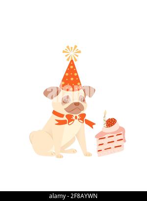 Carino cane pug in un cono-cap seduta con torta di compleanno compleanno animale concetto cartone animato animale disegno vettoriale illustrazione su bianco sfondo Illustrazione Vettoriale
