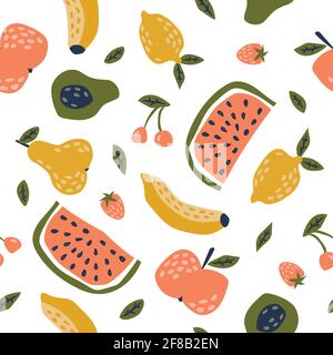 Modello infantile senza cuciture con frutta carina. Texture creativa per tessuti, tessuti Illustrazione Vettoriale