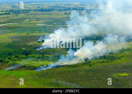 Wildfire nella savana. Paesaggio aereo nel delta di Okavango, Botswana. Laghi e fiumi, vista dall'aereo. Vegetazione verde in Sud Africa. Alberi con Foto Stock