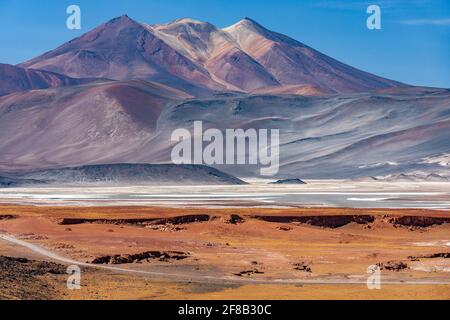 Alues Calientes Saline Flats alto sull'altiplano nel deserto di Atacama nella regione di Antofagasta del Cile settentrionale. Le aree bianche sono depositi di sa Foto Stock