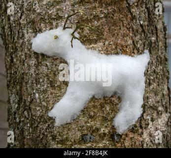 Approccio creativo per i bambini. I bambini hanno bloccato una figura di neve di una renna settentrionale su un albero (come un alto rilievo). Foto Stock