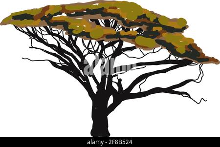 TENDENZA ETNICA. PITTURA IN STILE AFRICANO. Albero nella savana. Albero africano isolato su sfondo bianco. Illustrazione vettoriale. Illustrazione Vettoriale