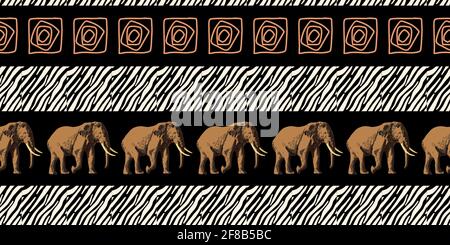 TENDENZA ETNICA. PITTURA IN STILE AFRICANO. MODELLO AFRICANO SENZA CUCITURE. MODELLO TRADIZIONALE. Animali savana. elefante. Illustrazione vettoriale. Moda. Illustrazione Vettoriale