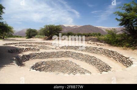 Acquedotto di Cantalloc a Nazca, acquedotti o pozzi a spirale o a cerchio, Perù, architettura e cultura Inca Foto Stock