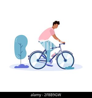 Giovani uomini a piedi e in bicicletta, trasporto ecologico città nel parco pubblico. Trasporto elettrico personale, bicicletta verde. Veicolo ecologico isolato su w Illustrazione Vettoriale