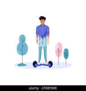 I giovani camminano e guidano il trasporto urbano ecologico nel parco pubblico. Trasporto elettrico personale, scooter elettrico verde, giroscooter, segway. Ecologica Illustrazione Vettoriale