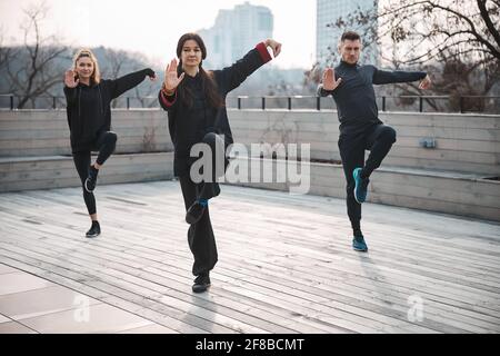 Praticanti di tai chi che equilibrano su una gamba sul tetto Foto Stock