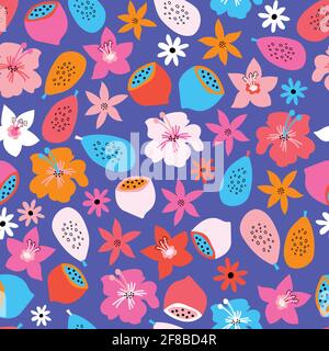 Frutti esotici e fiori estate senza cuciture motivo vettoriale blu brillante rosa arancio. Ripetizione carino tropicale colorato sfondo scandinavo stile Illustrazione Vettoriale