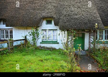 Originale cottage del 19 ° secolo tetto di paglia nel pittoresco villaggio di Adare nella contea di Limerick Irlanda. Foto Stock