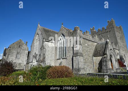 Paesaggio con vista panoramica sulla medievale Abbazia della Santissima Trinità in stile gotico ad Adare, nella contea di Limerick, Irlanda. Foto Stock