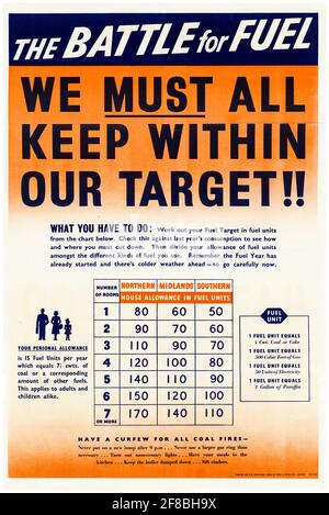 Inglese, WW2 risparmio energetico poster: La battaglia per il carburante, Household Fuel obiettivi, 1942-1945 Foto Stock