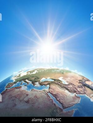 Il sole splende su una vista dettagliata del pianeta Terra, focalizzata sull'Europa occidentale, il Nord Africa e il Medio Oriente - elementi forniti dalla NASA Foto Stock