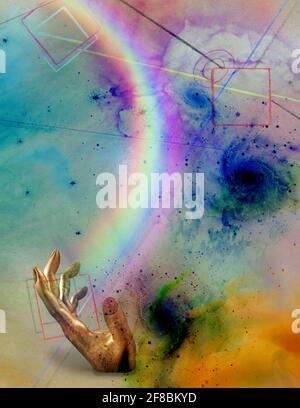 Futurismo Abstract, Arcobaleno in mano. Rendering 3D Foto Stock