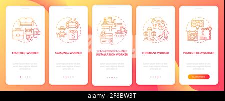 I lavoratori migranti possono digitare la schermata rossa della pagina dell'app mobile onboarding con concetti Illustrazione Vettoriale