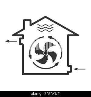 Icona del sistema di ventilazione forzata della casa, ventola meccanica dell'edificio, segno di aerazione, vettore Illustrazione Vettoriale