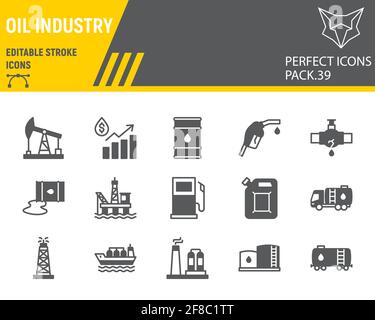 Set di icone glifo dell'industria petrolifera, raccolta della produzione di carburante, grafica vettoriale, illustrazioni del logo, icone vettoriali dell'industria petrolifera, segni di petrolio, solidi Illustrazione Vettoriale