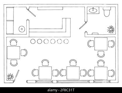 Piano caffè architettura pavimento arredamento interno grafico bianco nero schizzo vettore di illustrazione Illustrazione Vettoriale