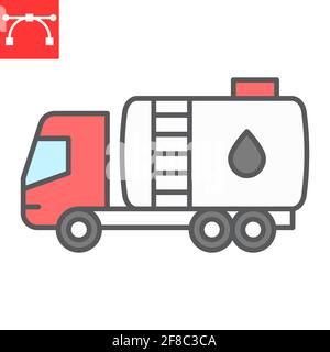 Icona della linea a colori del camion della petroliera, carico del carburante e logistica, icona vettore del camion del serbatoio, grafica vettoriale, segno del contorno riempito di tratto modificabile, eps 10. Illustrazione Vettoriale