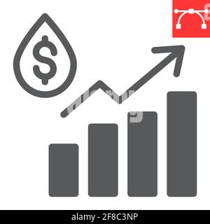 Icona del glifo del prezzo del petrolio, prezzo del carburante e dollaro dell'acqua di goccia, icona del vettore grafico del petrolio, grafica vettoriale, segno solido del tratto modificabile, eps 10. Illustrazione Vettoriale