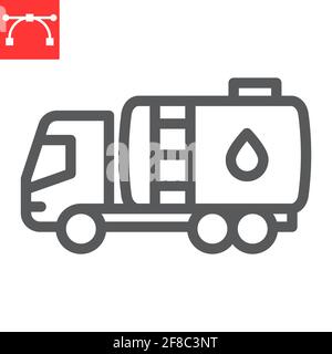 Icona della linea di autocarri con autocisterna, carico e logistica del carburante, icona vettore di autocarri con serbatoio, grafica vettoriale, segno del contorno del tratto modificabile, eps 10. Illustrazione Vettoriale