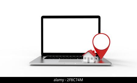 Posizione icona e casa messo su un computer portatile moderno isolato su sfondo bianco. Illustrazione 3D. Foto Stock