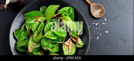 Foglie fresche di bietole svizzere o di mangold in ceramica nera su fondo di cemento scuro. Concetto per la preparazione di alimenti sani e vegetariani, top Foto Stock