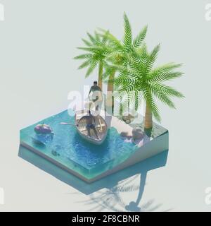 concetto di una scena di vacanza in un resort nei tropici. uomini in barca e coppie di donne rilassarsi sulla spiaggia di palm island oceano. rendering 3d Foto Stock