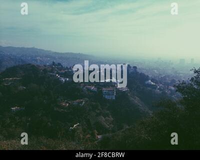 Skyline sbiadito di Los Angeles con vista dal Runyon Canyon Foto Stock