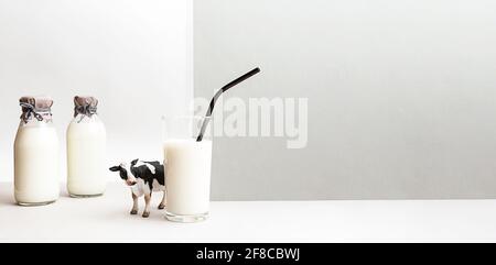 Bottiglie di latte fresco, una figurina di una mucca e un bicchiere di latte su fondo grigio chiaro. Minimalistica vita morta del latte, spazio di copia. Foto Stock