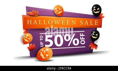 Vendita di Halloween, fino a 50 di sconto, banner orizzontale in stile cartoon con palloncini Halloween Foto Stock