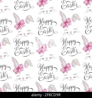 Pasqua motivo senza giunture con carino cartoni animati coniglietto volti e lettere a mano felice Pasqua testo, acquerello Pasqua illustrazione per il tessuto, avvolgimento Foto Stock
