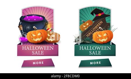 Halloween vendita, due banner verticali sconto con bottoni, segno di legno, calderone di strega e Jack zucca. Banner sconto rosa e verde per la tua A. Foto Stock