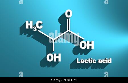 Molecola di acido lattico. Formula chimica strutturale. Illustrazione infografica. Rendering 3D Foto Stock