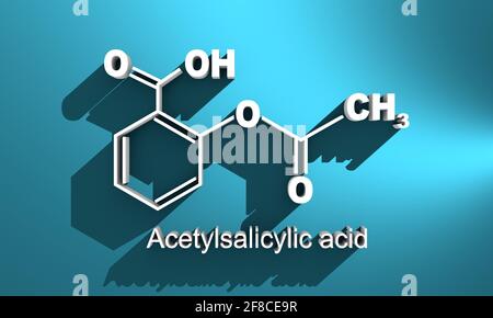 Formula chimica strutturale dell'acido acetilsalicilico. Rendering 3D della molecola di aspirina. Foto Stock